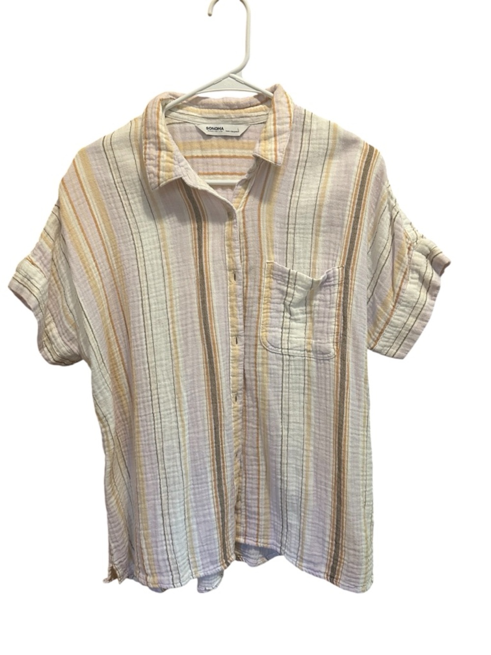 Sonoma Cream and Yellow Striped Button-Down Short Sleeve Shirt